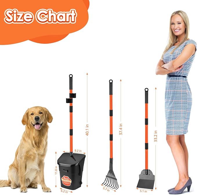 Lukovee Dog Pooper Scooper, 37.4" Long Adjustable Metal Handle Swivel Bin & Rake & Spade Kit with 20 Poop Bags, Portable Dog Non-Breakable Poop Scooper for Gravel Yard Lawn Grass, Orange