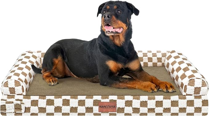 Large Dog Bed Orthopedic Washable: Beds Bolster XXL Bed Big XLarge Dogs Egg Crate Foam Sofa Couch Waterproof Removable Cover - Brown Grid