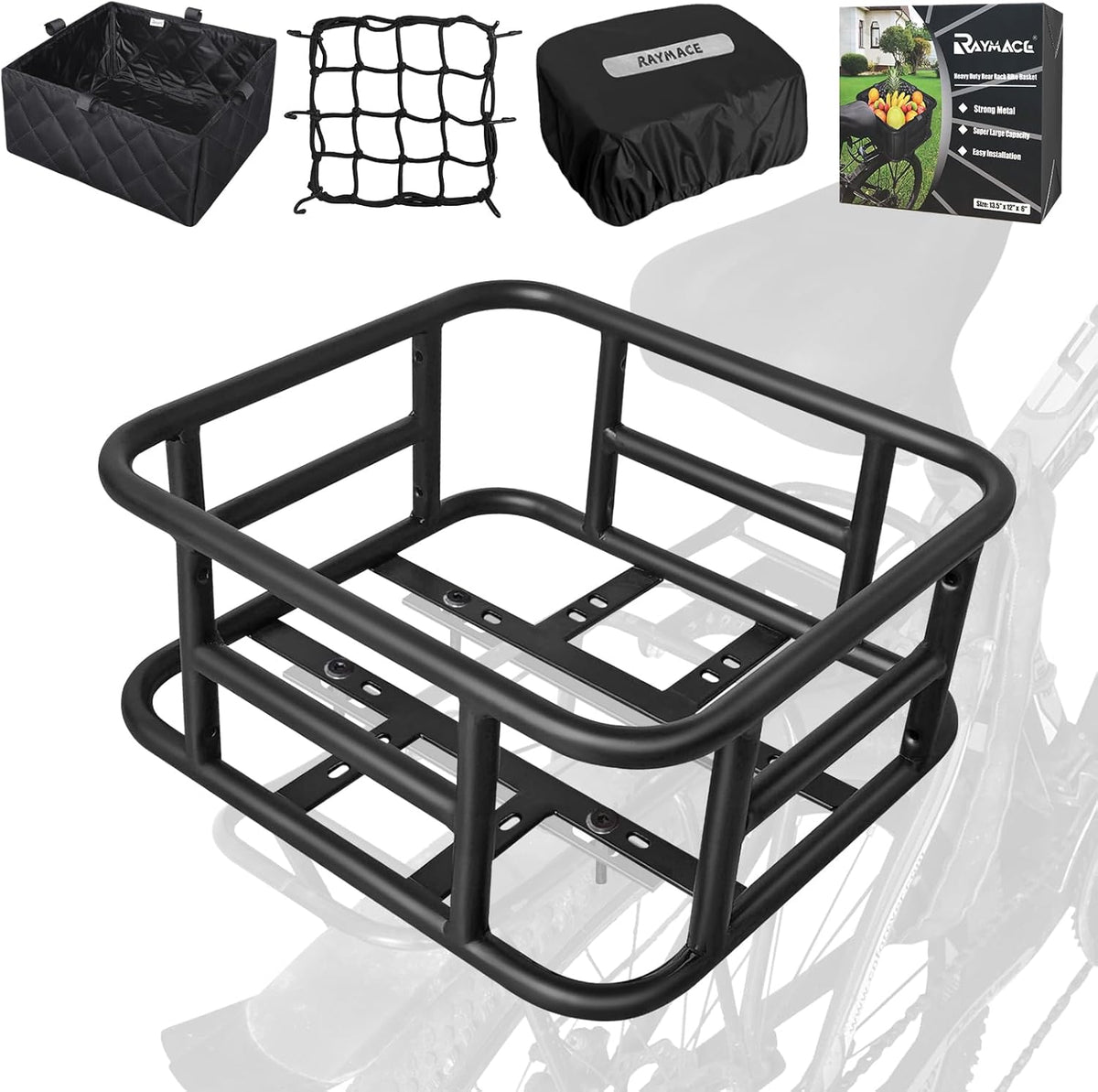 RAYMACE Rear Rack Bike Basket with Cargo Net and Liner Large Bicycle Basket Perfect Mount for Electric Bike