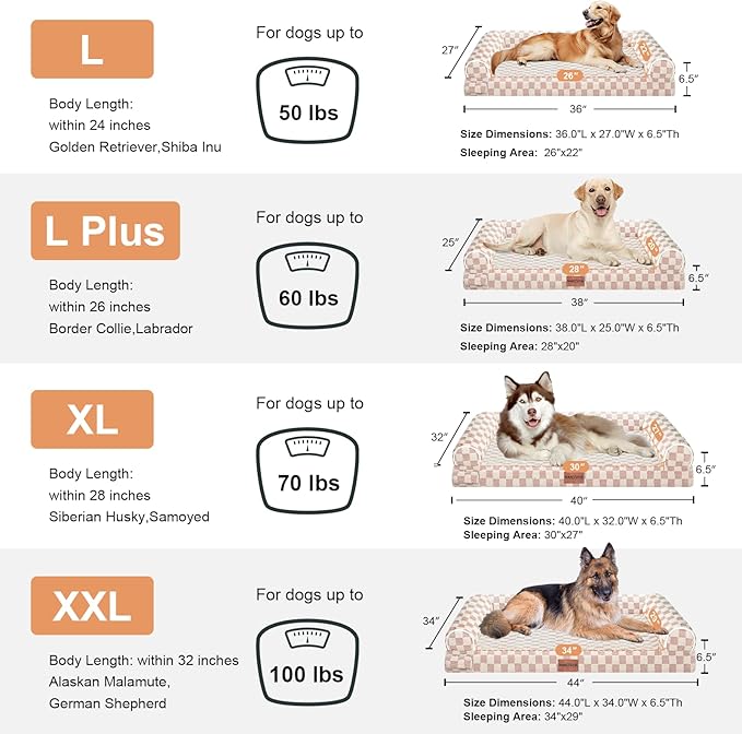 Large Dog Bed Orthopedic Washable: Beds Bolster XXL Bed Big XLarge Dogs Egg Crate Foam Sofa Couch Waterproof Removable Cover - Pink Grid