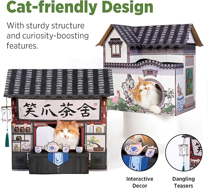 Cat Beds for Indoor Cats, Cardboard House with Scratchers, Tea House, Large Sturdy Cat Furniture Condo Cave Tent, Easy to Assemble Pet Toys Accessories Stuffs, Bunny Small Animals