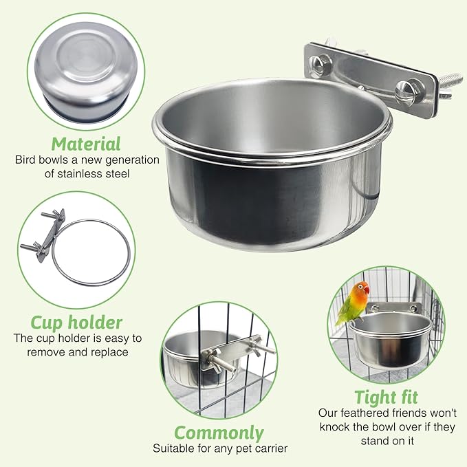 Tfwadmx 6 Pcs Stainless Steel Bird Bowls with Clamp,Clamp Holder Coop Cup,Bird Dishes for Cage, Cage Water Bowl for Cockatiels Lovebird Budgie Chinchilla