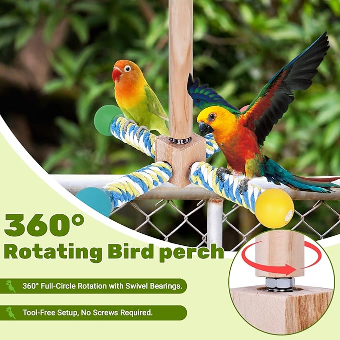 Bird Perch Toy, Parrot 360° Interactive Rotating Toy for Parakeets - Natural Wood & Cotton Rope, Detachable Interactive Bird Toy, Chewable Design Reduces Boredom Anxiety for Small Birds