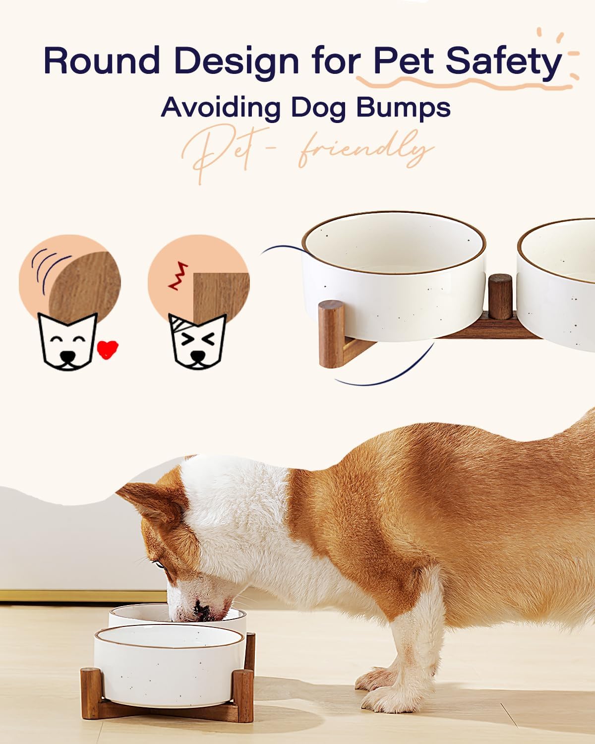 Getstar Ceramic Dog Bowls with Acacia Wood Stand, 30 fl oz, Set of 2, Dog Food Bowl with Colored Rim