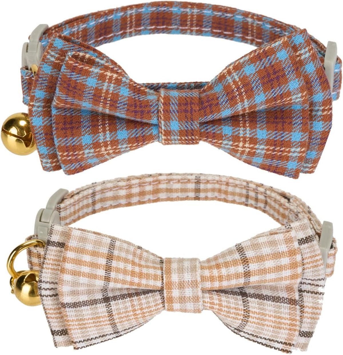 2 Pack Soft Cotton Cat Collars with Bowtie and Bell Breakaway Plaid Cat Kitten Collar(Beige and Amber)