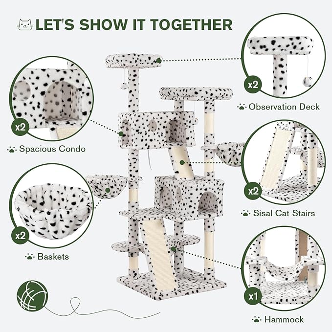 MUTICOR 66 Inches Multi-Level Large Cat Tree Tower for Indoor Big Feline/Cozy Plush Perches/Condo/Sisal Scratching Posts/Hammock and Baskets/Activity Center Play House/Wide Base/White & Black Spot