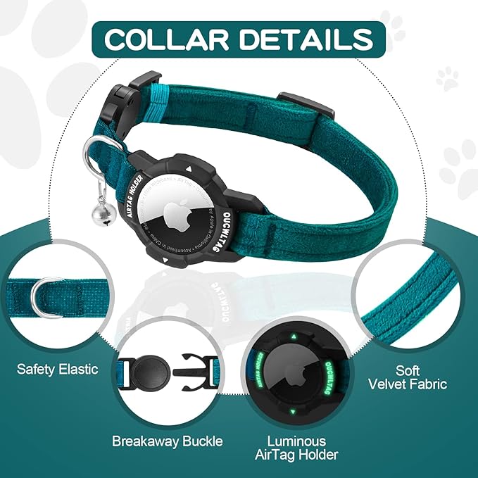 Luminous AirTag Cat Collar Breakaway, OUCWLTAG GPS Cat Collar with Apple Air Tag Holder, Cat Tracker Collars with Safety Elastic Band for Girl Boy Cats, Kittens and Puppies (Blue, 9-13 Inch)