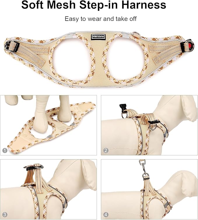 Mercano Soft Mesh Dog Harness and Leash Set, No-Chock Step-in Reflective Breathable Lightweight Easy Walk Vest Harnesses with Safety Buckle for Small Dogs, Cats (Beige, S)