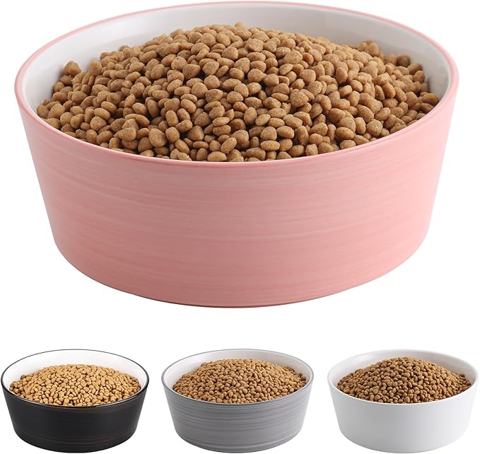 Pink Dog Bowl Ceramic for Medium Large Breed, Heavy Weighted Dog Food Water Dish, 8 in Non - Slip Modern Cute Extra Big Porcelain Pet Bowl Maze Wide Mouth