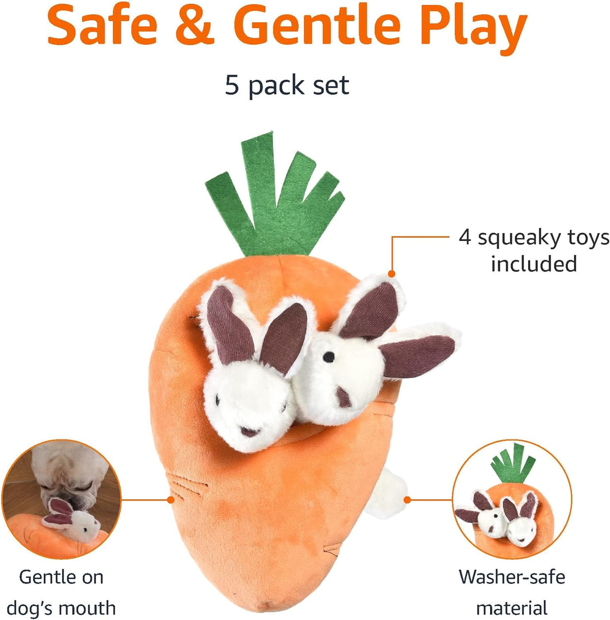 Amazon Basics Interactive Hide and Seek Squeaky Dog Plush Toy, Rabbit and Carrot, Orange and White, 5-Pack
