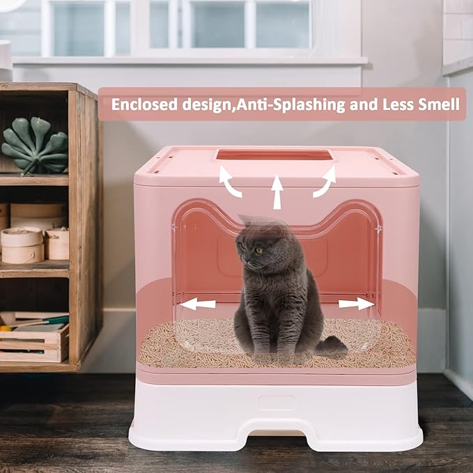 Foldable Cat Litter Box with Lid, Enclosed Potty, Large Top Entry Anti-Splashing Toilet, Easy to Clean Including Litter Scoop and 2-in-1 Cleaning Brush (Pink)