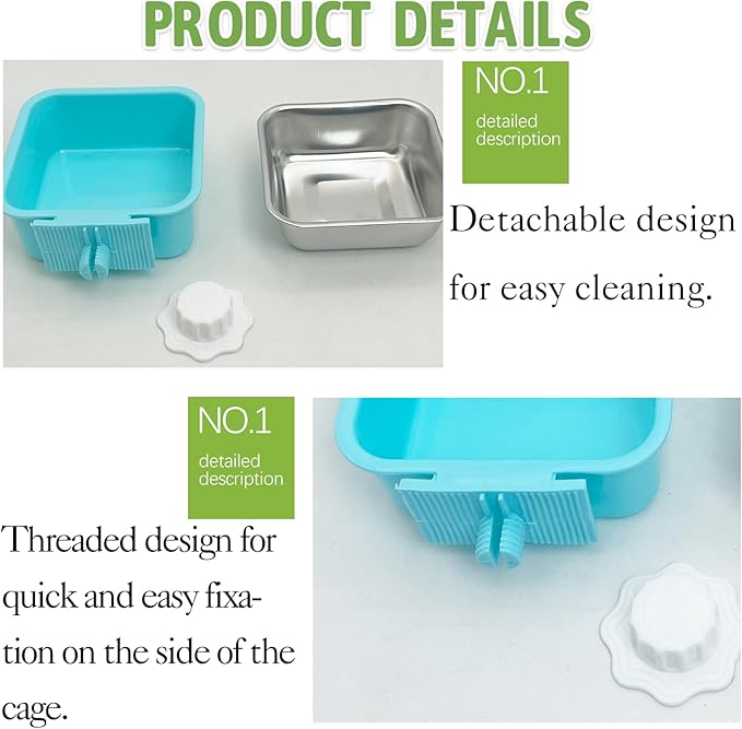 kathson Crate Dog Bowl, Removable Stainless Steel Hanging Pet Kennel Cage Bowl Food & Water Feeder Coop Cup for Puppy, Cat, Rabbit, Guinea Pigs 2pcs Small Square(Blue, Green)
