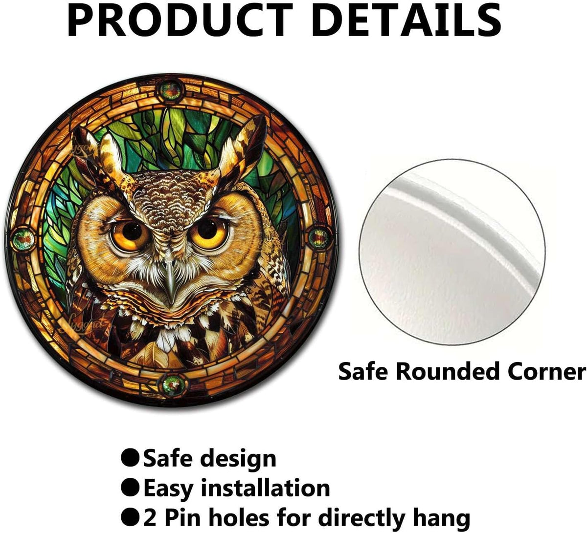 Lygond Metal Tin Sign - Circular Stained Glass Owl - 88 Inches for Garage