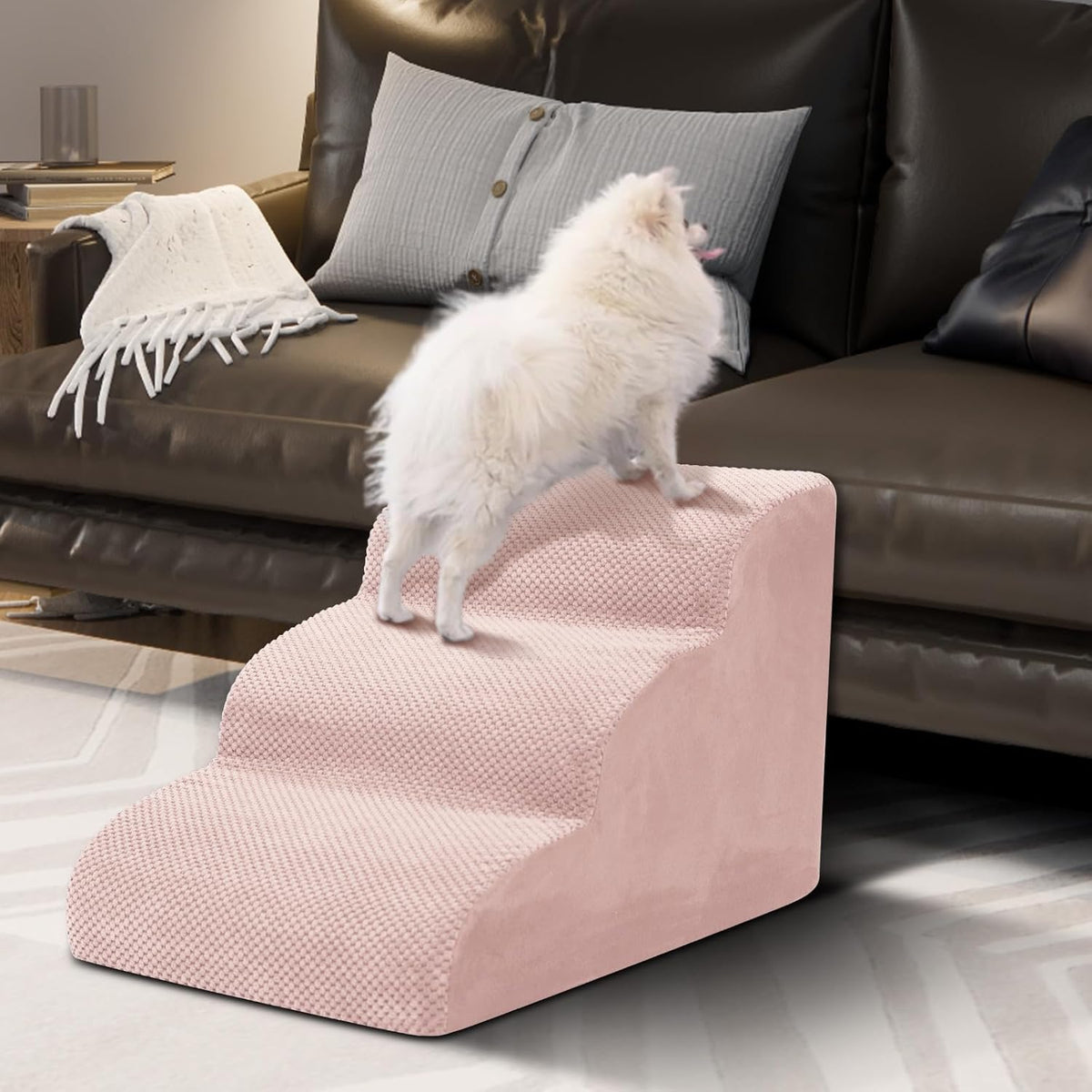 Dog Stairs for Small Dogs - High Density Foam Pet Steps, Extra Wide Dog Ramp with Non-Slip Bottom for High Beds, Couch and Sofa, Best for Dogs Injured, Older Doggy Cats,3 Steps, Pink