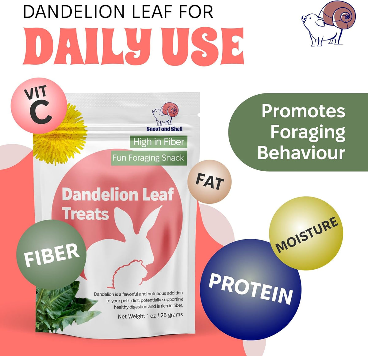 Snout and Shell Dandelion Leaf Treat for Small Pets – 1 oz (28g) | High-Fiber, Natural Foraging Snack for Rabbits, Guinea Pigs, Chinchillas, Squirrels & More