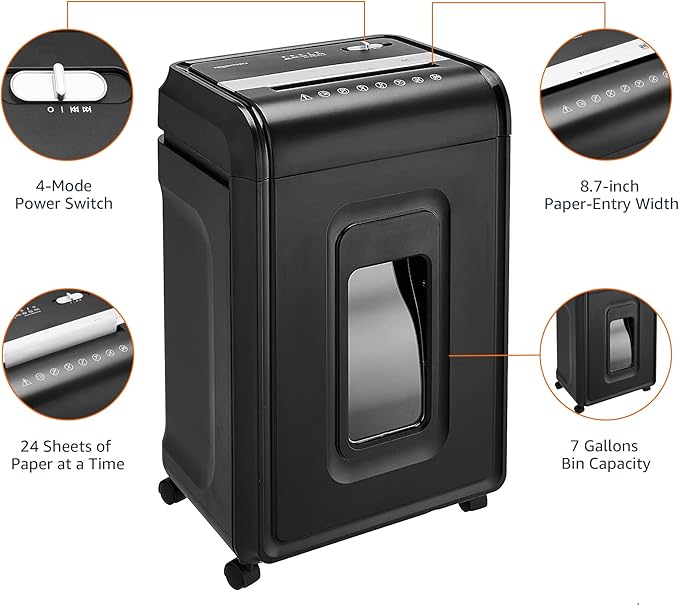 Amazon Basics 24 Sheet Cross Cut Paper, CD and Credit Card Home Office Shredder with Pullout Basket, Black