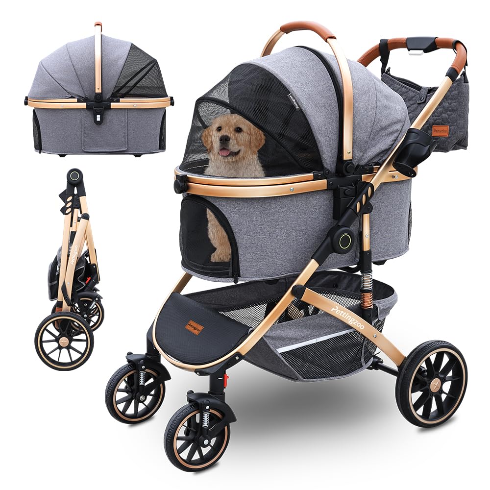 Pettingzoo Dog stroller with 4 Wheels, Folding Cat Stroller for Small/Medium/Large dogs & cats to 60 lbs, pet stroller with removable carrier, Storage BasketCup Holder,3 in1 Multifunctional Detachable