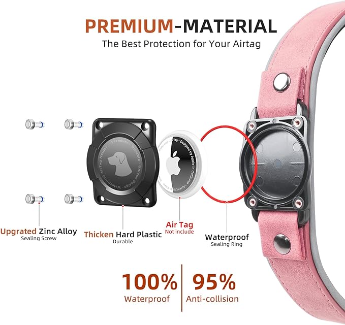 AirTag Dog Collar - Leather Dog Collar with Air Tag Holder | IPX8 Waterproof, Reflective, High - End, Adjustable Soft Padded | Dog GPS Tracker Collars Fit for Medium Large Dogs (Pink, M(12.5"-17.3"))