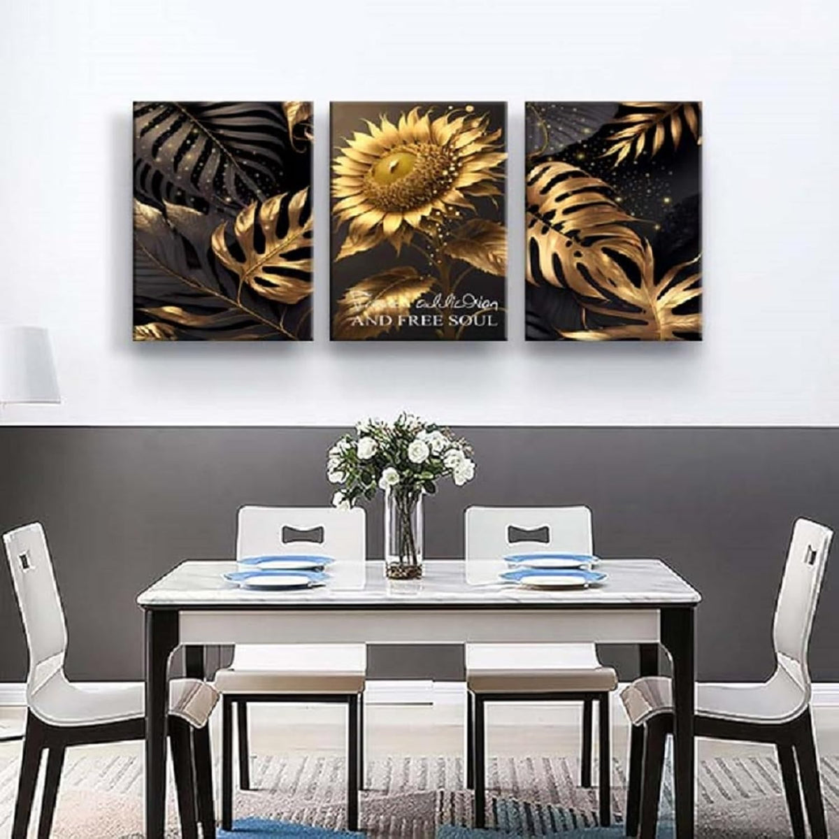 Yxbhhym Bathroom Wall Art Décor Black and Gold Leaf Poster Art Prints Sunflower Canvas Wall Art Paintings Flower Wall Pictures for living room Hallway Décor office Bedroom Decorations