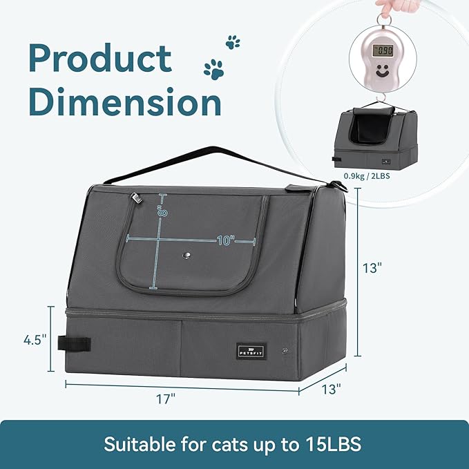 PETSFIT Portable Cat Litter Box - Removable 2-Layer Leak-Proof Lining, Scratch-Resistant Fabric with Sturdy Support Frame, Travel & Collapsible Cat Litter Box Grey