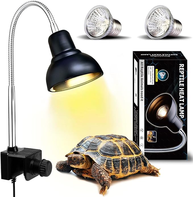 Reptile Heat Lamp, Lamp for Aquarium Turtle Tank with 25w+50w Basking Spot Light Bulbs and 360° Swivel Clamp for Turtle, Snake, Lizard, Cockatoo, Chameleon Etc, Yellow