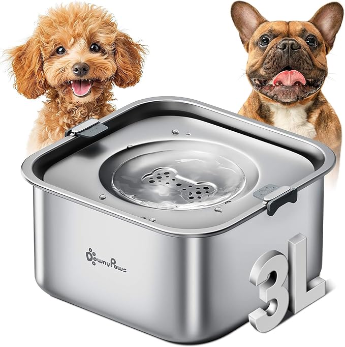 DownyPaws No Spill Water Bowl for Dogs,101oz/3L Stainless Steel Slobber Stopper, No Drip Slow Drinking Dog Water Bowl, No Mess Dog Water Dispenser Spill Proof, Dishwasher Safe, Silver