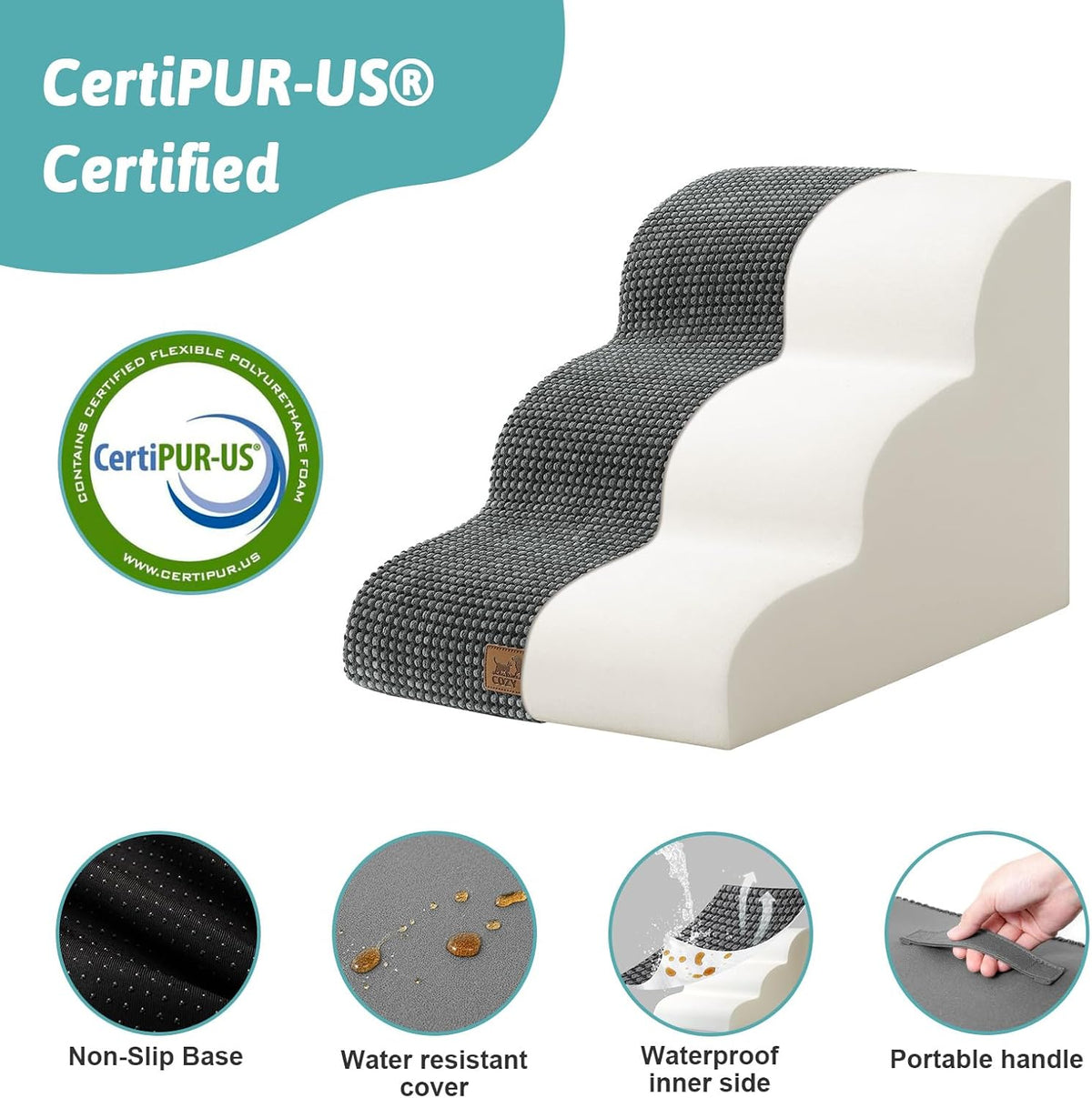 Dog Stairs for Small Dogs 15.7" H, Curved Dog Step for Puppy, Older Cat, Medium Pet Ramp for Sofa, Couch or Chair, Ladder with High Density Foam, 15.7x22.4x15.7 inch, 3 Step, Dark Grey