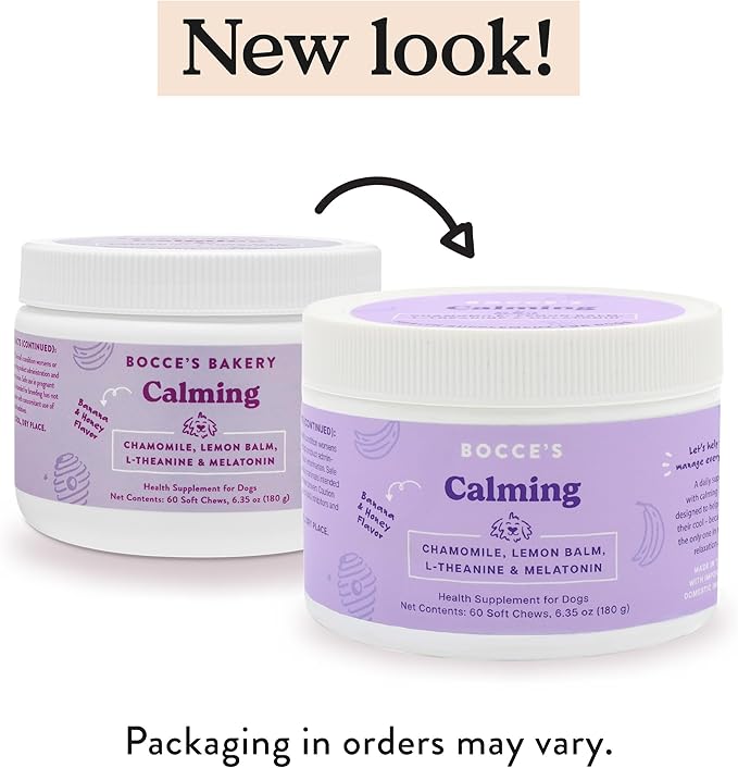 Bocce's Bakery Calming Supplement for Dogs, Daily Chews Made in The USA with Chamomile, Lemon Balm, L-Theanine & Melatonin, Supports Stress, Banana & Honey, 60 ct
