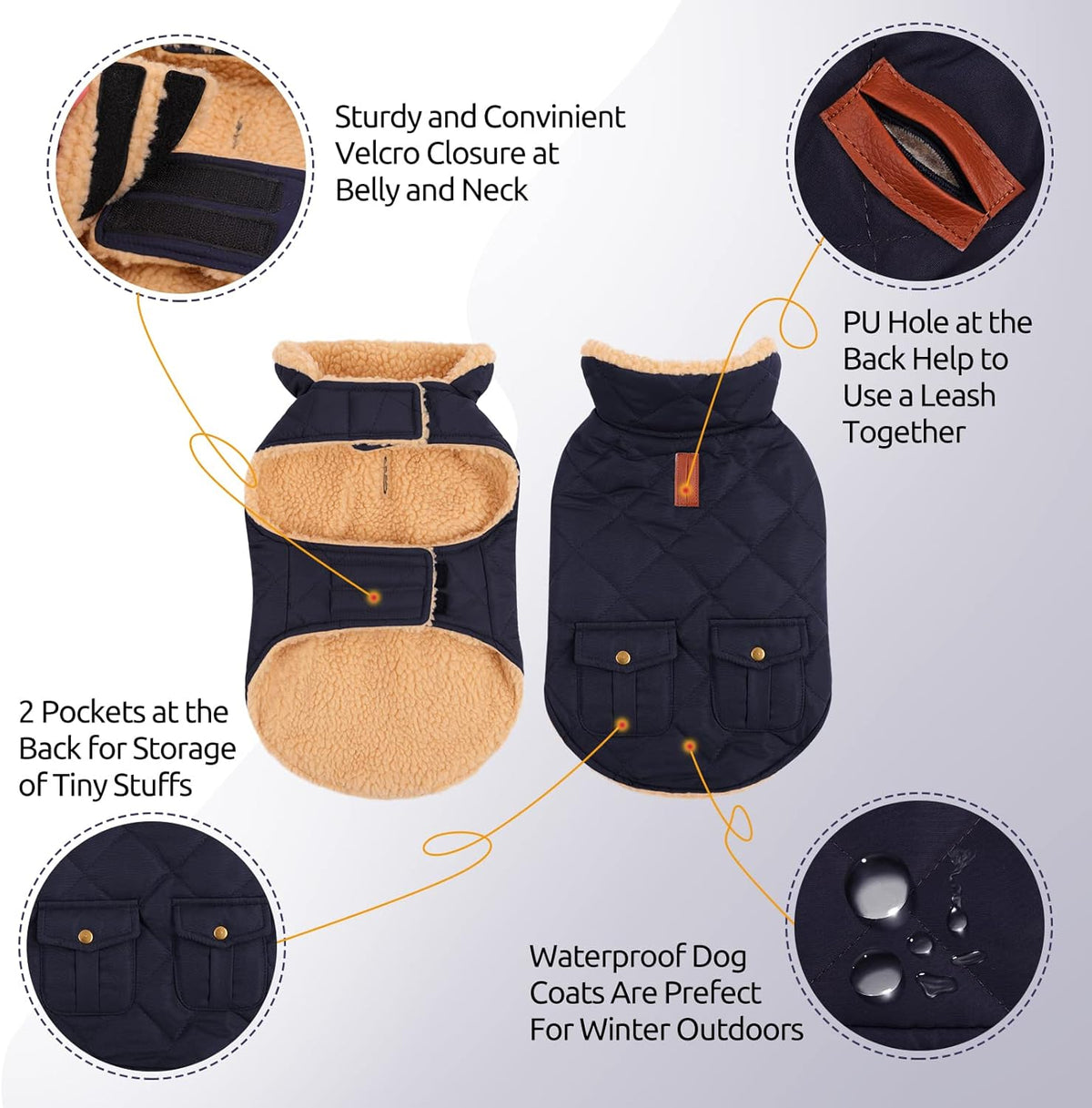Queenmore Warm Puffer Dog Coat, Quilting Winter Jacket Ultra Thick Plush Lining with Storage Pockets (Dark Navy, Small)