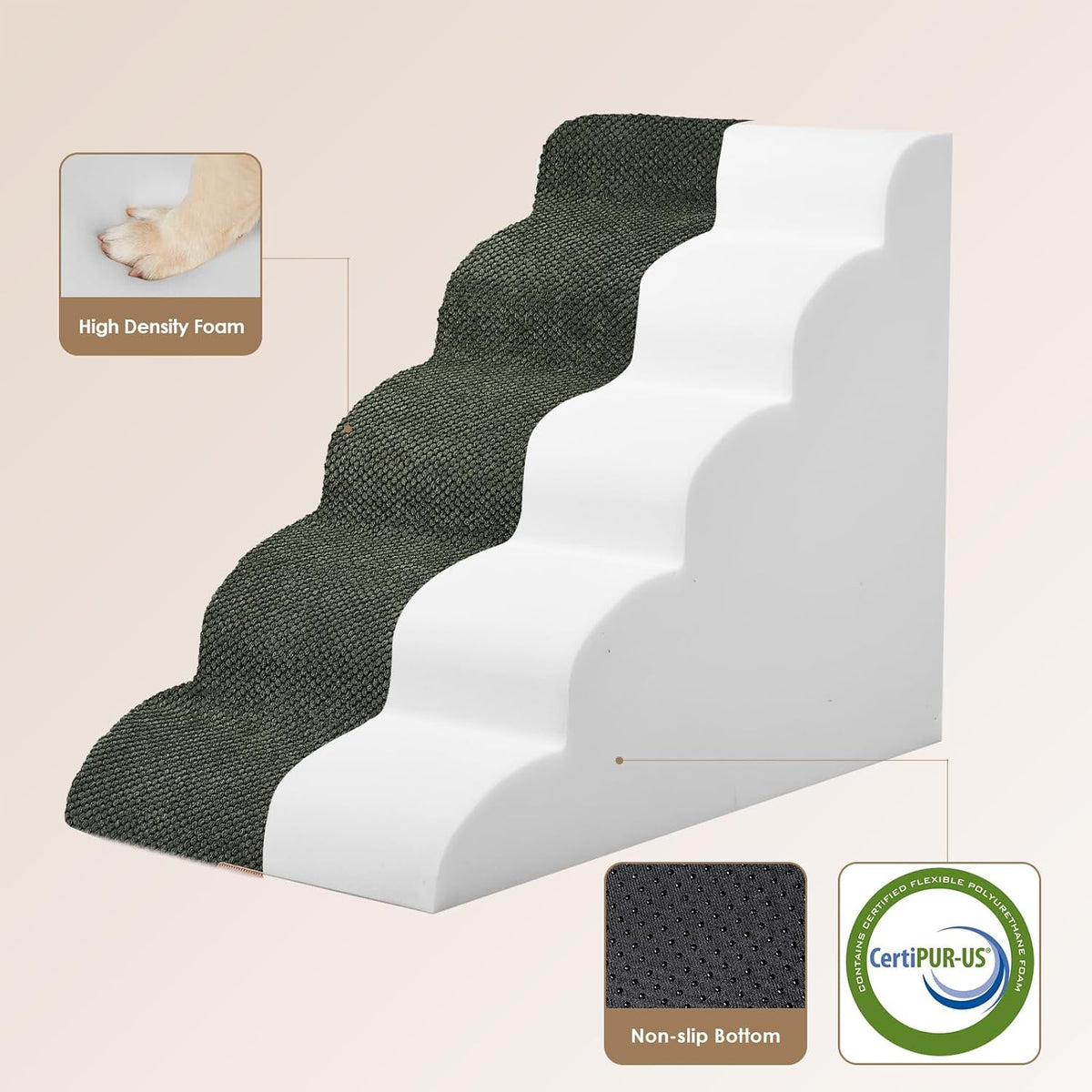 EHEYCIGA Curved Dog Stairs Ramp for High Beds 22.6" H, 5-Step Dog Steps for Small Dogs and Cats, Pet Stairs for High Bed Climbing, Non-Slip Balanced Pet Step Indoor, Olive Green
