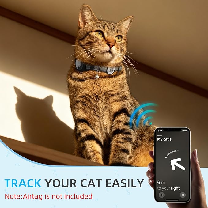 Airtag Cat Collar Breakaway with QR Code Name Tag, Reflective cat Collar airtag Holder with Bell, Cat ID Tag Personalized, Ultra-Durable, Adjustable, Quick Release, Fits Small Large Cats, Black