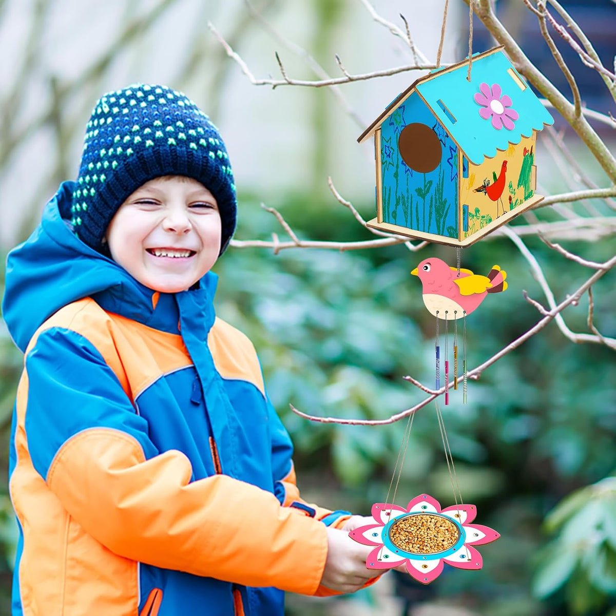 Fennoral 12 Pack Bird House Craft Kit for Kids Make You Own Bird Wind Chime Kit DIY Build and Paint Wooden Birdhouses Bird Feeder Art and Craft for Spring Yard Garden Outdoor Decoration