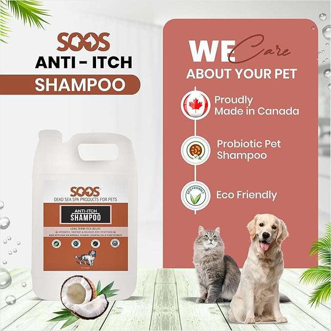 Soos Pet Shampoo Anti-Itch Natural Dead Sea Minerals Cat and Dog Shampoo with Vitamins Essential Oils Natural Ingredients Soothes Itching Clean Fur - 1x Pets Shampoo (4L)