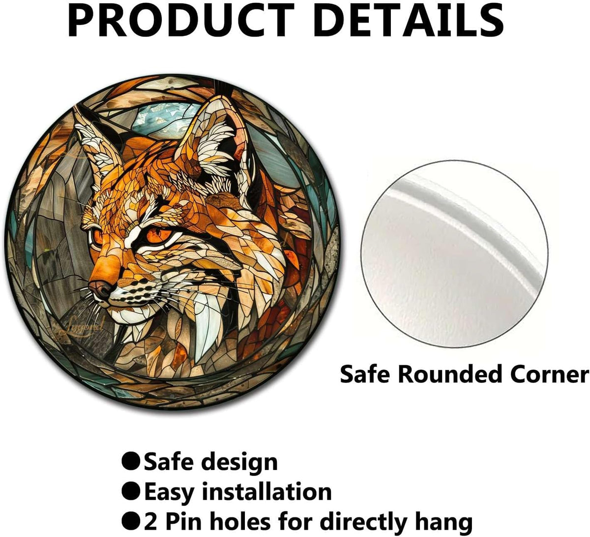 Lygond Metal Sign Tin Sign Circular Stained Glass Bobcat Funny Outdoor Decor for Club 8×8 Inches