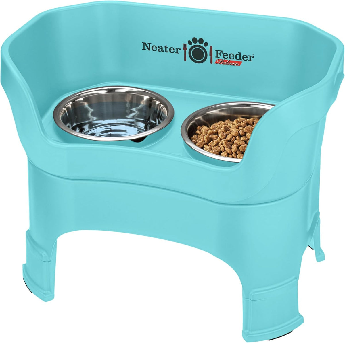 Neater Feeder Deluxe Mess Proof Dog Bowls Elevated for Large Dogs – Made in USA – No Spill Raised Dog Food Bowl Stand w/Leg Extensions – Stainless Steel Dog Food and Water Bowl Set – Teal