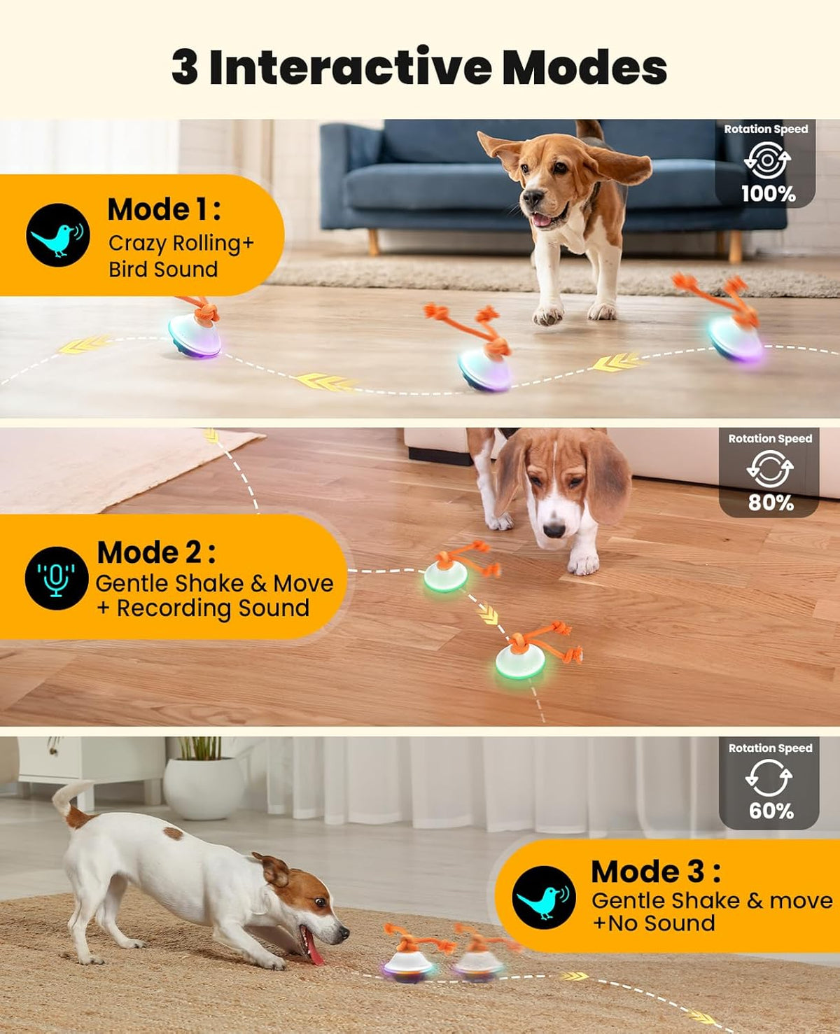 Interactive Dog Toys, Automatic Moving and Rolling LED Light Up Dogs Ball with Rope, Motion-Activated Wicked Ball for Small Medium Pup, Stimulation Toy for Boredom Relief