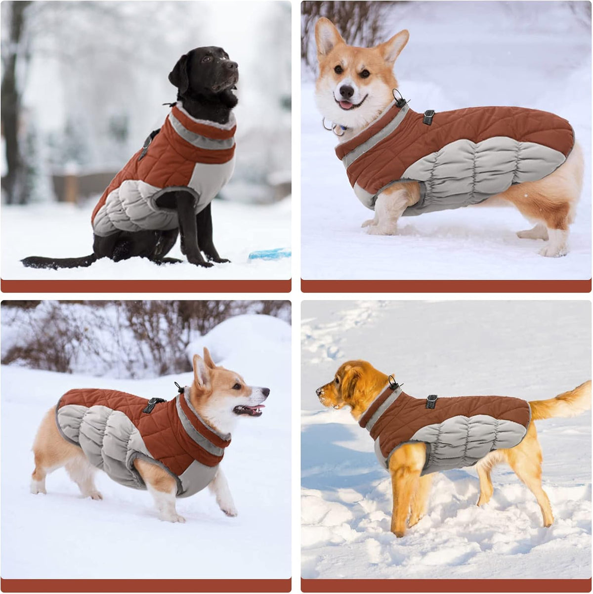 FUAMEY Dog Coat for Medium Dogs,Waterproof Dog Winter Jacket with Harness Built in Puppy Cold Weather Coats Reflective Pet Vest with Zipper Warm Fleece Dogs Snowsuit Windproof Brown M