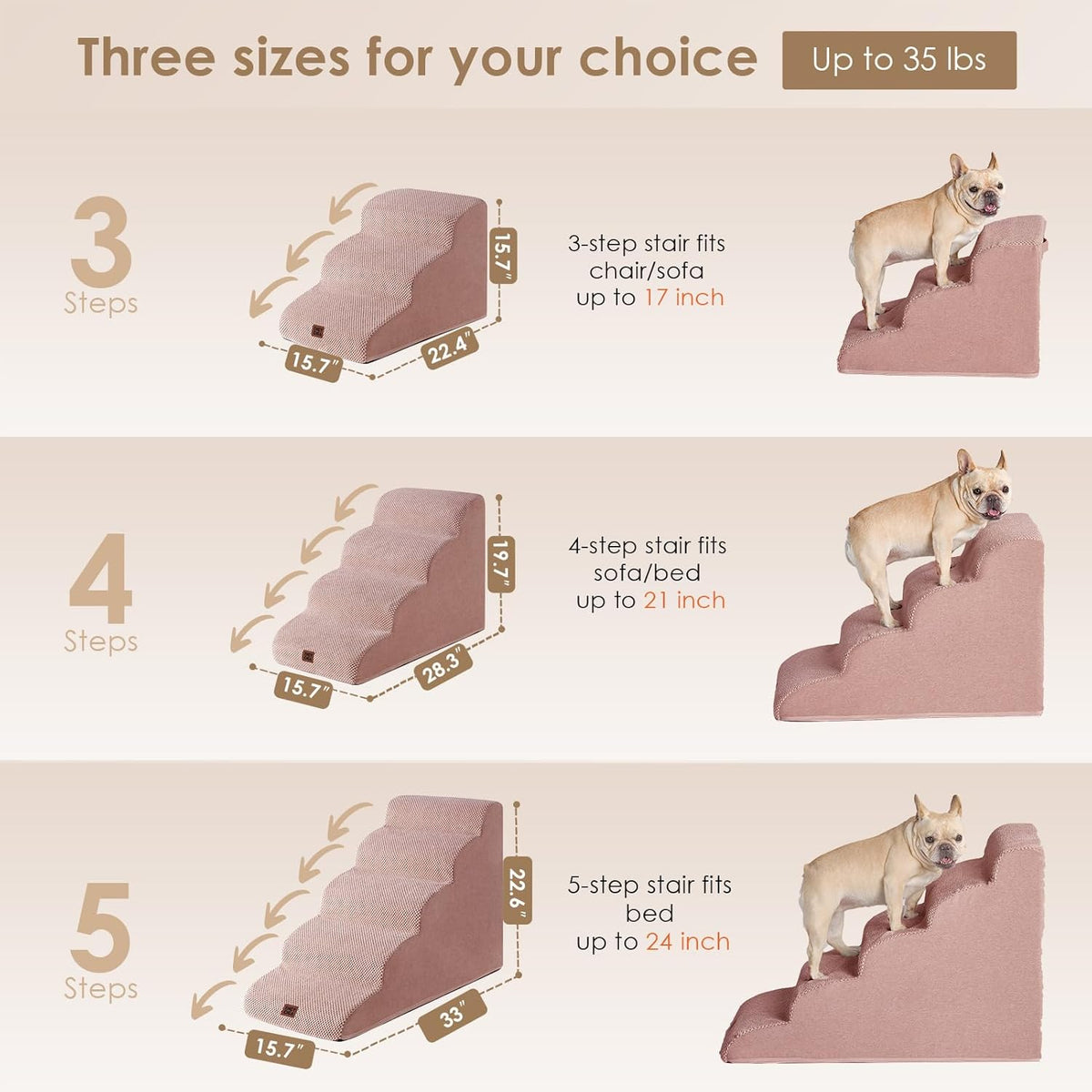 EHEYCIGA Curved Dog Stairs Ramp for High Beds 19.7" H, 4-Step Dog Steps for Small Dogs and Cats, Pet Stairs for High Bed Climbing, Non-Slip Balanced Pet Step Indoor, Dusty Pink