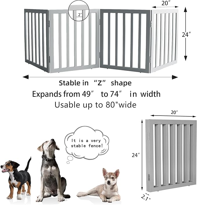 ZJSF Freestanding Indoor Dog Gate for House Foldable Wood Grey Puppy Gate for Doorways Pet Gate for Stairs Extra Wide Pet Fence 24" Height 4 Panels