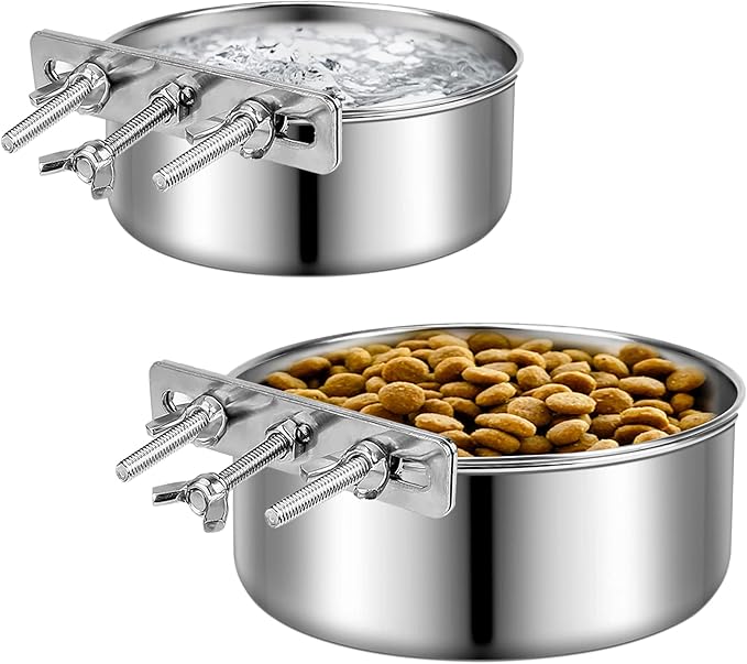 Small Dog Bowls, ShineMe 2 Pack Stainless Steel Pet Bowls Easily Affixes to Crate, Cage or Kennel - Non Spill Food & Water Bowls for Cat, Puppy, Birds, Guinea Pigs, Rabbit (4.7 x 2.1” & 3.9 x 1.9”)