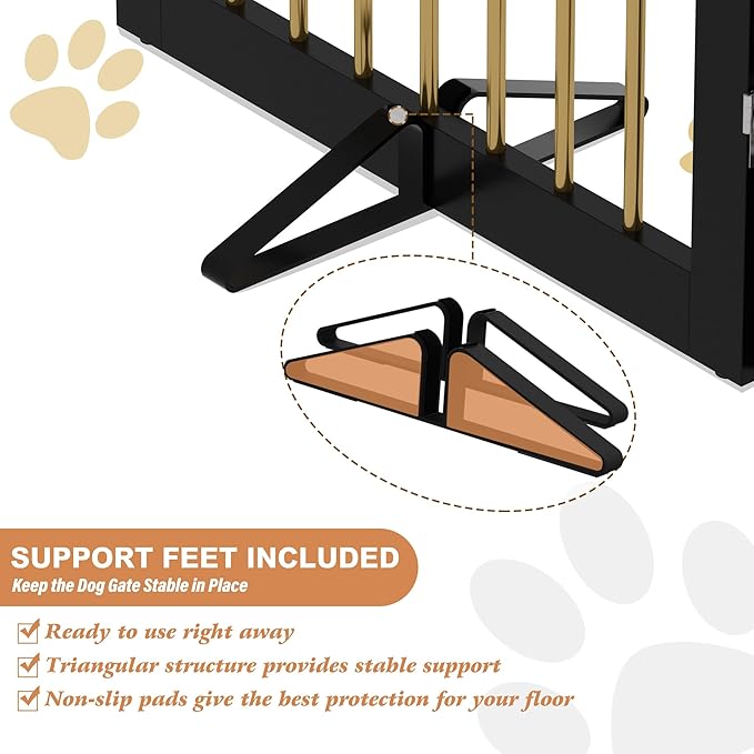 Freestanding Pet Gate for Dogs, Foldable Wooden Dog Gate for House, Indoor Dog Gate for Doorways, Stairs, Step Over Pet Puppy Safety Fence, Support Feet Included,24" Height 3 Panels,Black&Gold