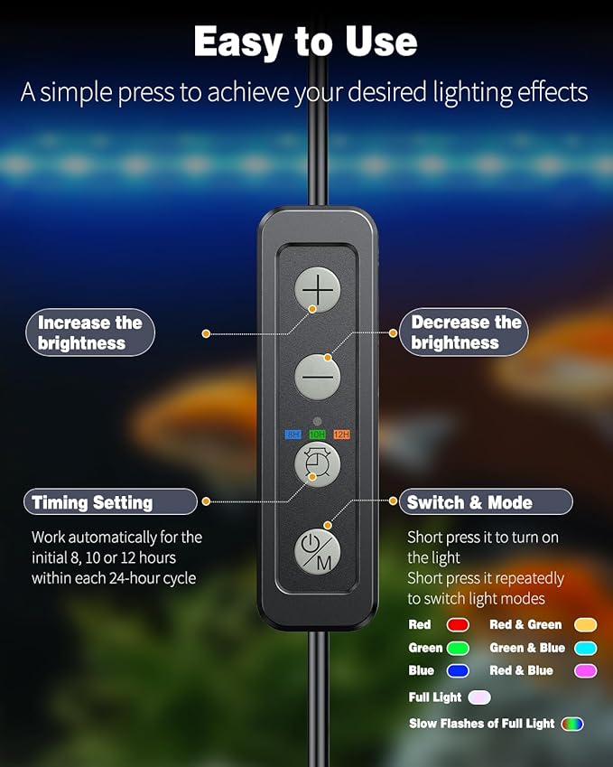 Pawfly 5.5 W Aquarium LED Light 19 Inch Underwater Fish Tank Light with Timer Auto On/Off Fish Tank Background Light with 8 Lighting Modes Submersible Multi-Colored Tube Light for Decoration