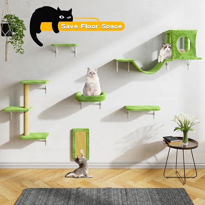 NUNU LAB Wall Mounted Cat Climber Set, 6 Pcs Cat Furniture Set with House, Bridge, Steps, Scratcher Board and Hammock, Shelves for Indoor, Luxury Walls Furniture(Green)