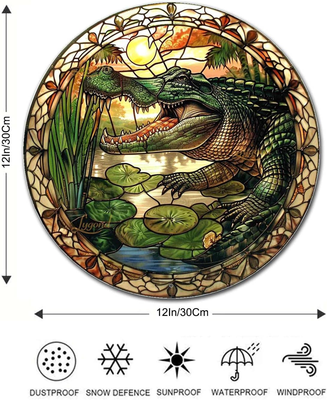 Lygond Metal Sign Tin Sign Circular Stained Glass Alligator Minimalist Wall Art for Home Decor 12×12 Inches
