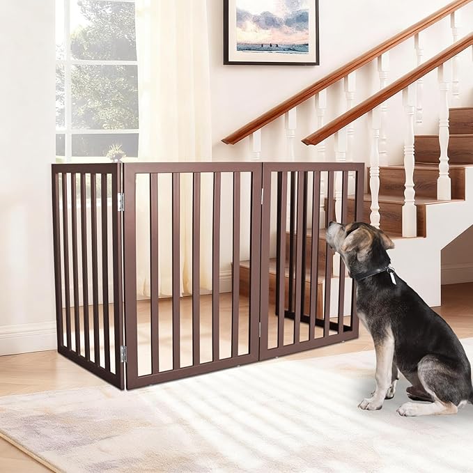 ZJSF Freestanding Indoor Dog Gate for House Foldable Wood Brown Puppy Gate for Doorways Pet Gate for Stairs Extra Wide Pet Fence 32" Height 2 Panels