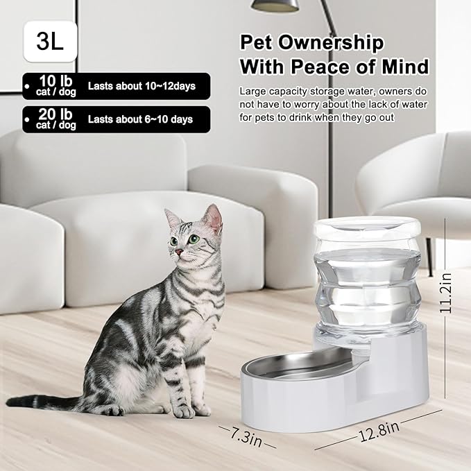 RIZZARI Gravity Water Bowl Dispenser for Cats: 4L White Automatic Stainless Steel Dog Feeder Without Filter - for 8-20LB Elderly Pets with Joint Spine Pain - for Kitchen Bedroom