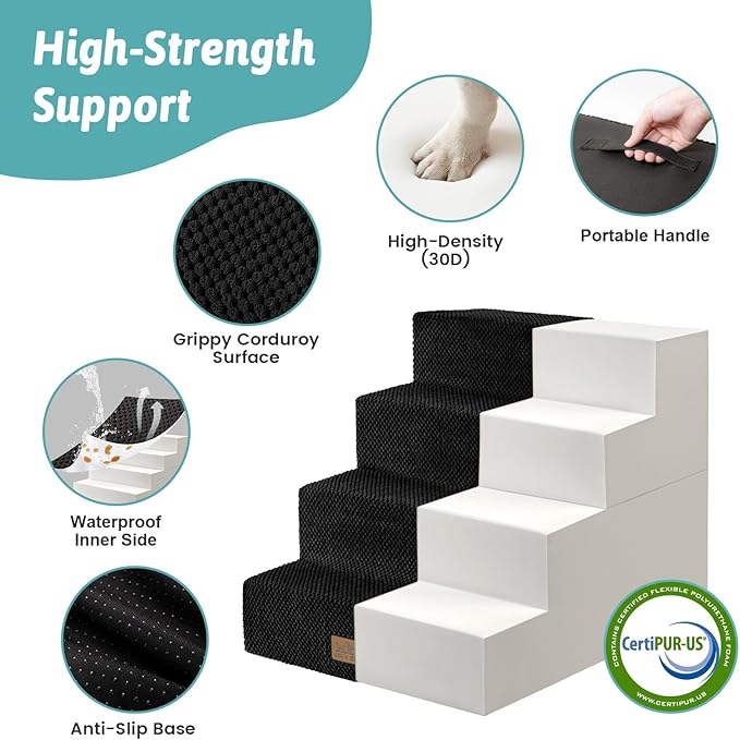 Dog Stairs for Small Dogs, 4 Tier Removable Wider Pet Stairs for Couch and Bed, 17.7" H Dog Steps for Old Cats, Puppy, Small Dogs, 17.7x23.6x17.7 inch, Black