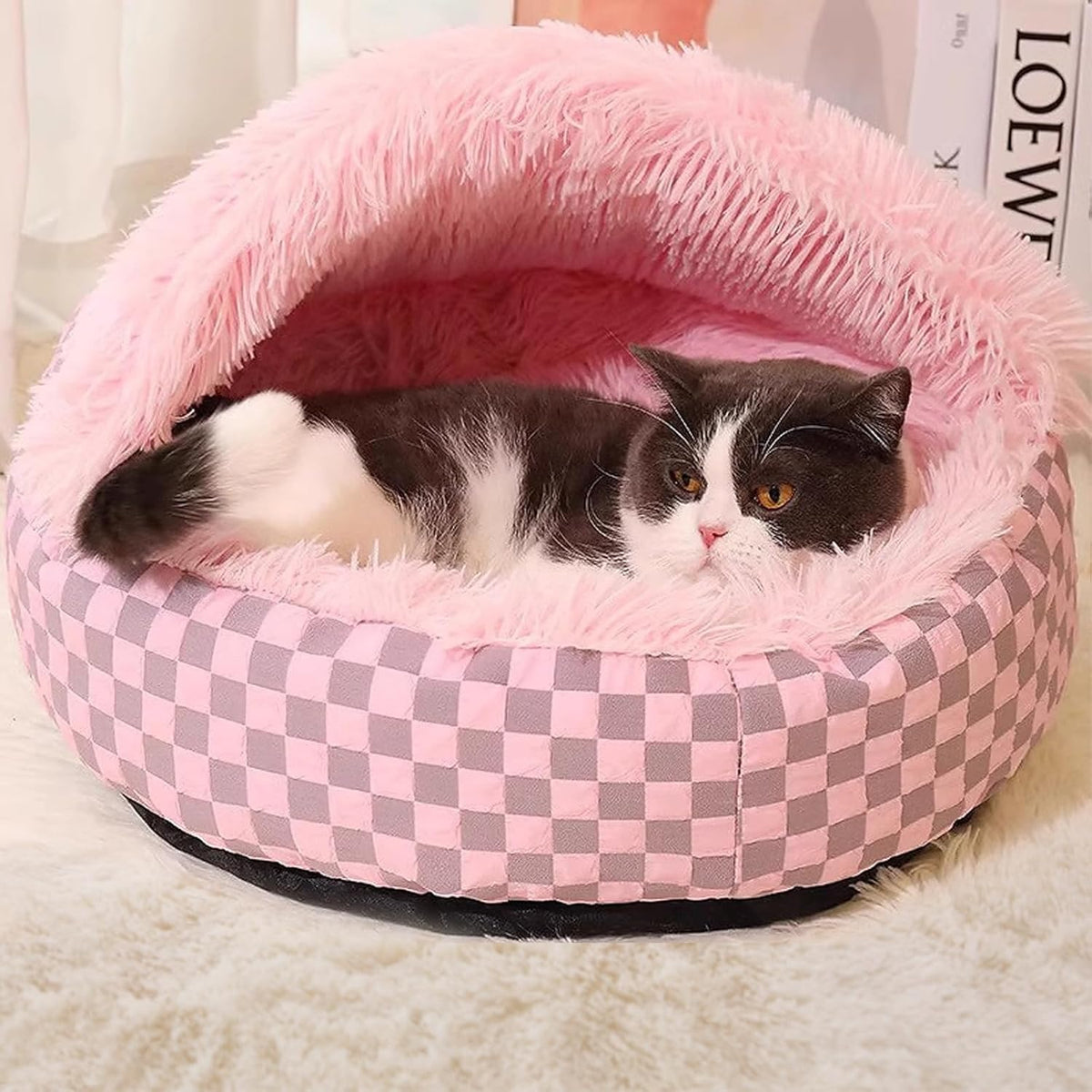 Cat Bed Hooded Plush Nest with Self-Warming Cozy Cave, Calming Anti-Anxiety Pet Bed for Indoor Cats & Small Dogs, Removable Washable Cover & Waterproof Bottom - Pink
