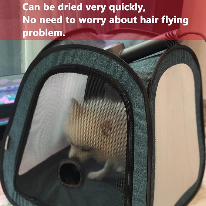 PetDogCatDrying Box Waterproof Anti-Hair Flying Portable Cat Cage Kennel Portable Foldable Cat Drying Room Pet Dry Room Pet HairDryerClean Grooming House Dryer Cage for Cats/Dogs (Trapezoid Blue)