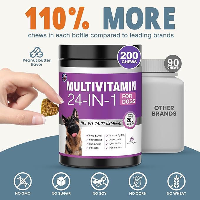 24-in-1 Dog Vitamins and Supplements 200 Ct Dogs Multivitamin Chewable Contain Chondroitin Probiotics Omega-3 Glucosamine for Dogs Skin Coat Heart Joint Gut Liver Brain Immune Support - Peanut Butter